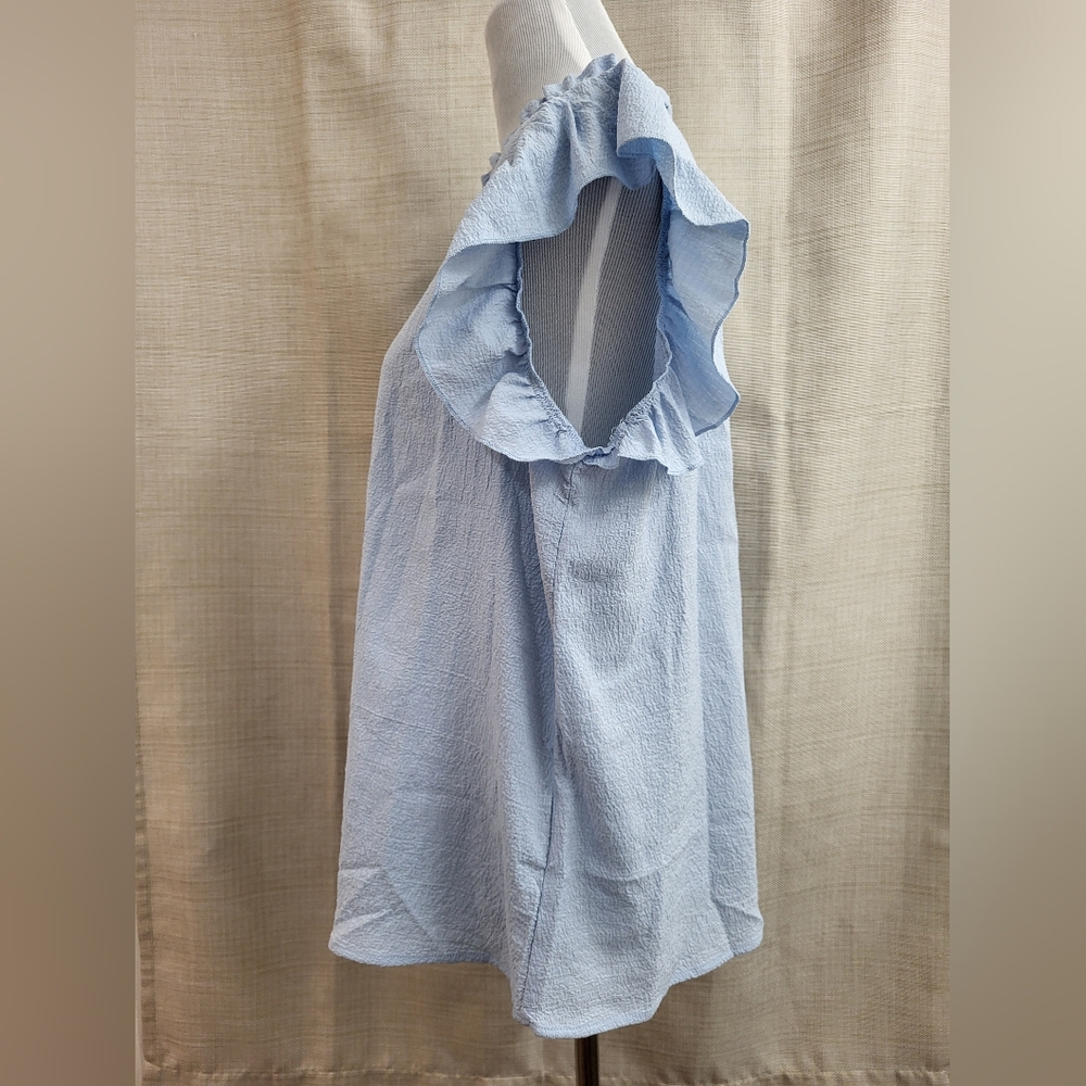 SHEIN Curve Textured Women's Blue Ruffle Sleeve Round Neck Blouse Size XL NWOT - Picture 2 of 11
